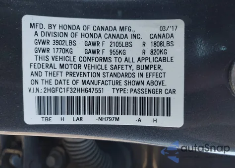 2017 Honda Civic Ex-T from USA, damaged, VIN 2HGFC1F32HH647551
